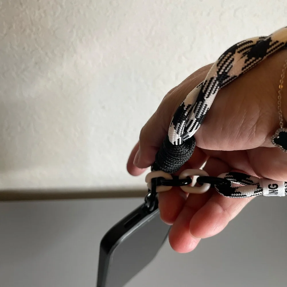 Men’s Black & White Braided Phone Wrist Lanyard with Chain Accent
